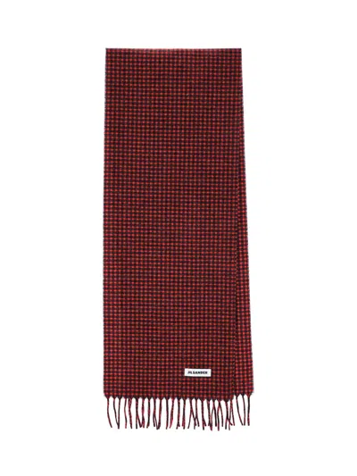 Jil Sander Checkered Rectangular Scarf With Fringed Edges In Burgundy