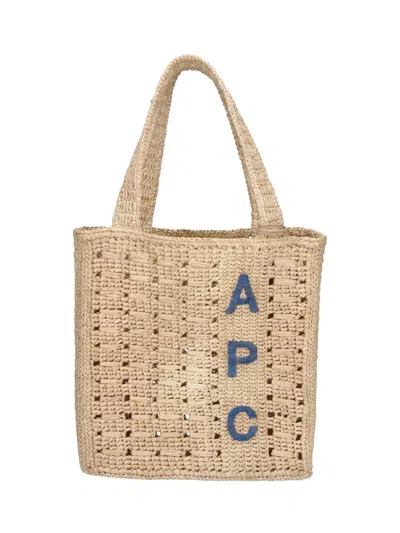 A.p.c. Rectangular Raffia Tote Bag With Contrasting Logo In Beige