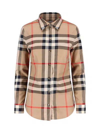 Burberry Check Pattern Collared Neck Cuffed Long Sleeves In Brown