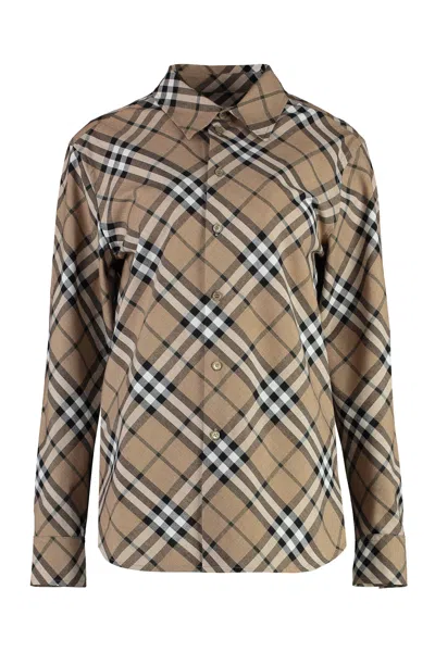 Burberry Check Pattern Wool Blend Shirt Women In Beige