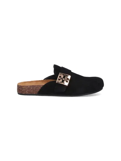 Tory Burch Mellow Black Slip-on Mule With Metallic Logo Buckle In Suede Woman In Black