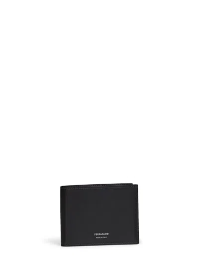 Ferragamo Rectangular Black Leather Wallet With Discreet Logo In Black