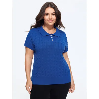 Bloomchic Cable Knit Button Front Short Sleeve Pullover In Navy