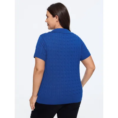 Bloomchic Cable Knit Button Front Short Sleeve Pullover In Navy
