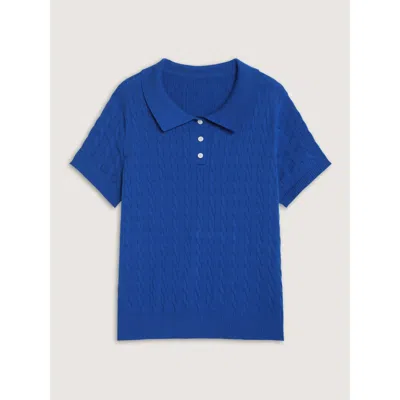 Bloomchic Cable Knit Button Front Short Sleeve Pullover In Navy
