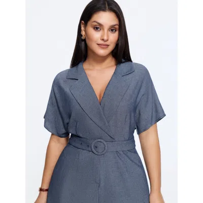 Bloomchic Solid Suit Collar Belted Romper In Darkblue