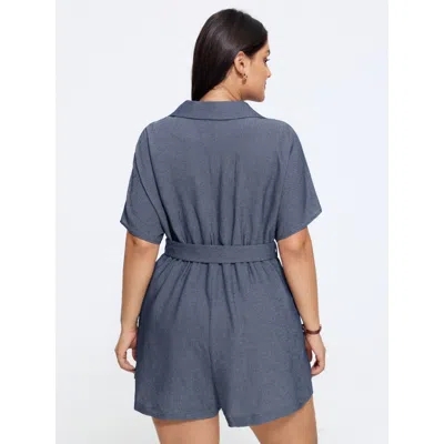 Bloomchic Solid Suit Collar Belted Romper In Darkblue