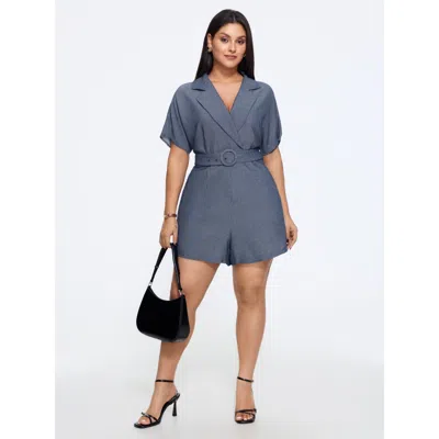 Bloomchic Solid Suit Collar Belted Romper In Darkblue