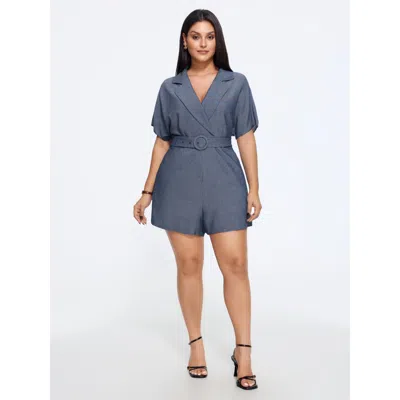 Bloomchic Solid Suit Collar Belted Romper In Darkblue