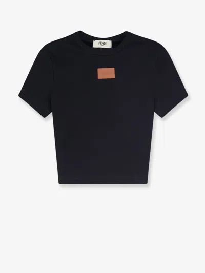 Fendi Cotton Crewneck Logo Top With Ribbed Knit And Leather Patch In Black