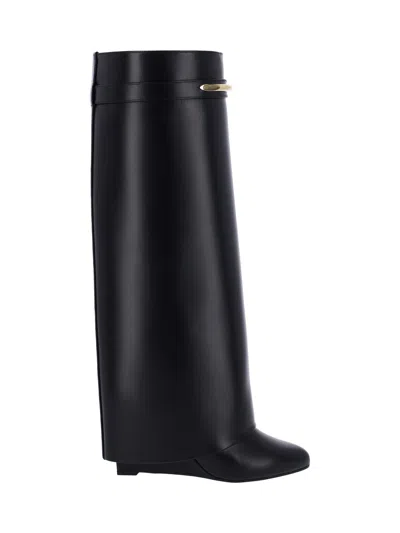 Givenchy Women Black Sandals With Logo Plaque On The Front And High Wedge Heel In Leather Woman In Black