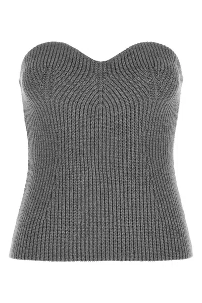 Jil Sander Strapless Ribbed Wool-blend Bustier Top In Gray