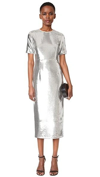 Shop Diane Von Furstenberg Short Sleeve Tailored Sequin Dress In Silver