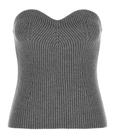 Jil Sander Strapless Ribbed Wool-blend Bustier Top In Gray