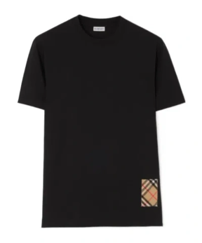 Burberry Men Black T-shirt T-shirt With Logo Patch With Tartan Motif In Cotton Man In Black