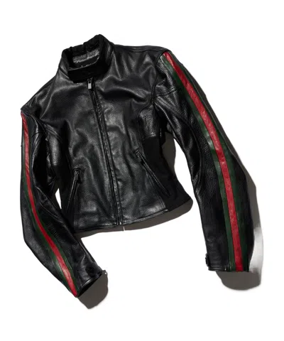 Gucci Web Stripe Leather Biker Jacket In Black