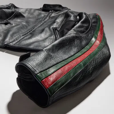 Gucci Web Stripe Leather Biker Jacket In Black