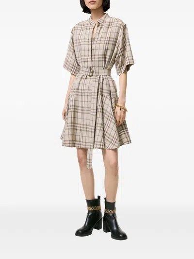 Burberry Short-sleeve Check Linen-blend Belted Mini Shirtdress In Multi