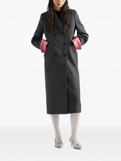 Prada Double-breasted Gingham-checked Mouliné Wool Coat In Gray