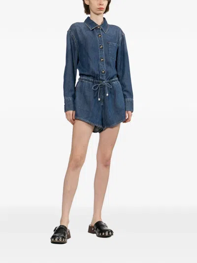 Self-portrait Drawstring-waist Button-front Playsuit In Blue