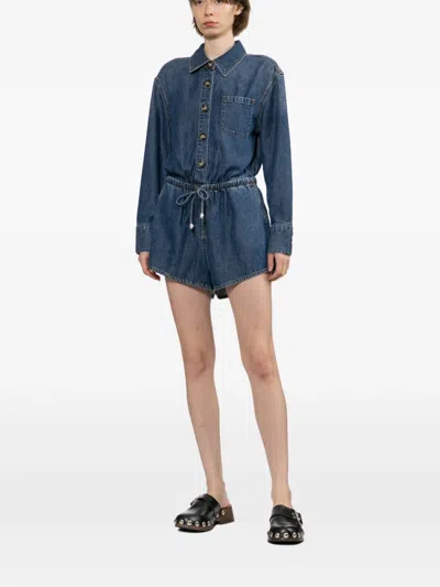 Self-portrait Drawstring-waist Button-front Playsuit In Blue