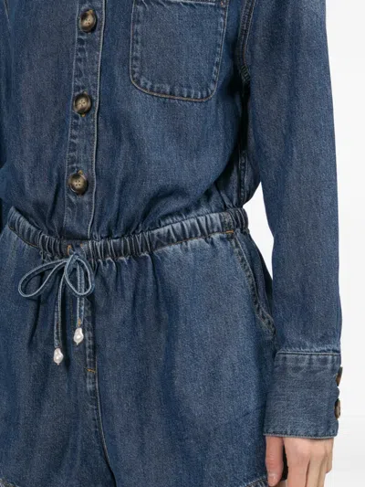 Self-portrait Drawstring-waist Button-front Playsuit In Blue