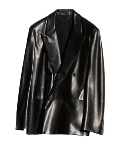 Gucci Leather Oversized Double-breasted Blazer In Black