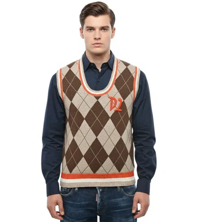 Dsquared2 Brown Checked Scoop Neck Sweater In Multi