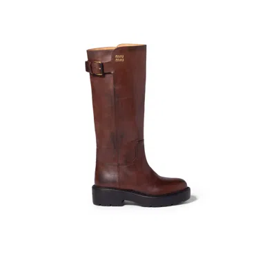 Miu Miu Logo Leather Boots In Brown