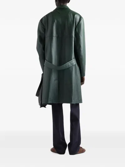 Prada Leather Coat In Green