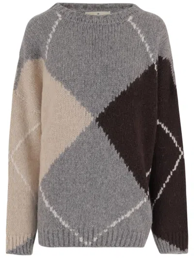 Bruno Manetti Wool-blend Oversized Sweater With Argyle Pattern In Gray