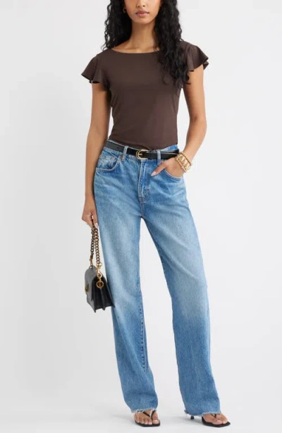 Open Edit Flutter Sleeve Top In Brown