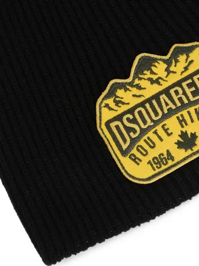 Dsquared2 Logo-patch Ribbed-knit Beanie Hat In Black