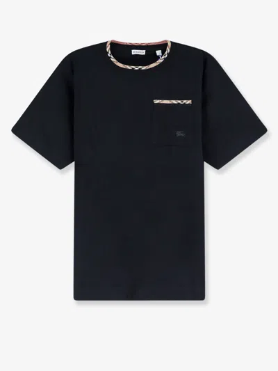 Burberry Cotton Logo T-shirt With Checkered Trim And Chest Pocket In Black