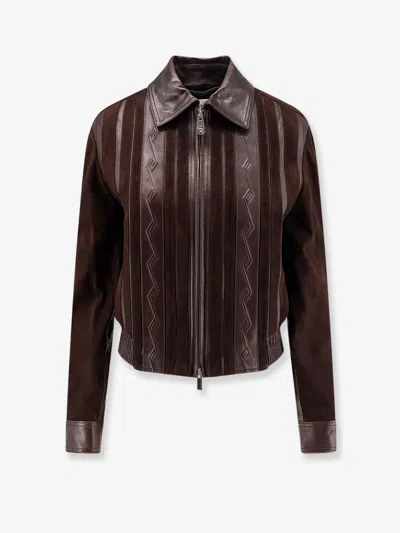 Versace Greca-embossed Leather And Suede Jacket In Brown