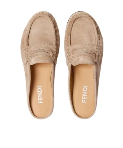 Fendi Suede Slides With Logo In Neutral
