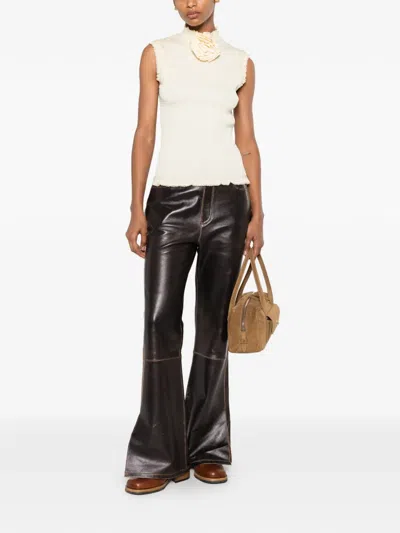 Sandro Split-hem Leather Trousers In Brown