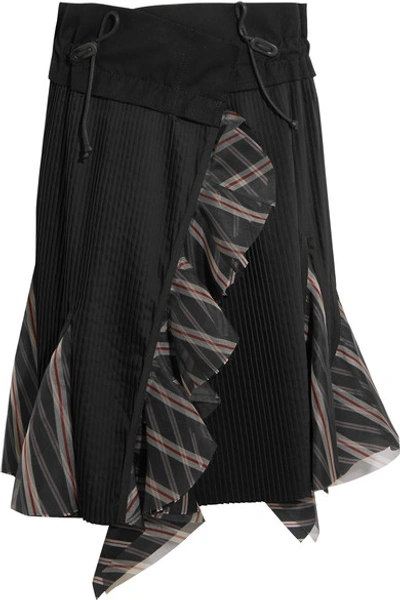 Sacai Ruffled Silk Organza-trimmed Pleated Poplin Skirt