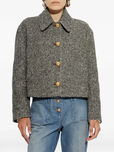 Valentino Tailored Peacoat Cropped Houndstooth Long Sleeves In Gray