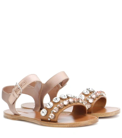 Miu Miu Embellished Leather And Satin Sandals In Brown
