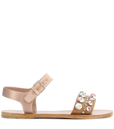 Shop Miu Miu Embellished Leather And Satin Sandals In Brown