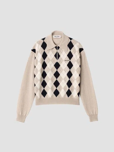 Miu Miu Collared Sweater Long Sleeves Regular Fit In Beige Multi