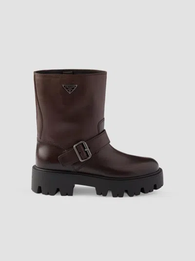 Prada Leather Ankle Boots Chunky Heel Round Toe In Brown