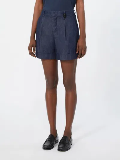 Max Mara Washed Pure Cotton Denim Shorts High-waist Pleated Back With Removable Jewel In Blue