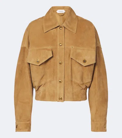 Versace Beige Suede Pointed Collar Elasticated Hem Jacket In Beige