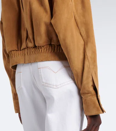 Versace Beige Suede Pointed Collar Elasticated Hem Jacket In Beige