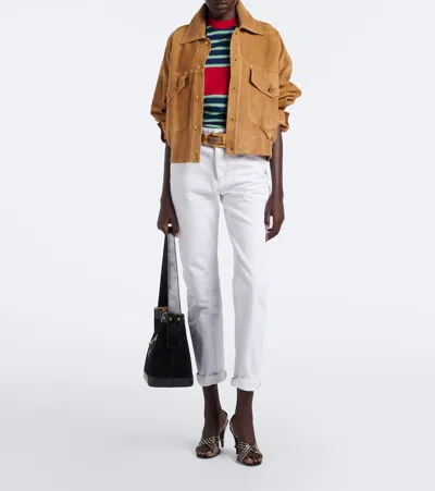 Versace Beige Suede Pointed Collar Elasticated Hem Jacket In Beige