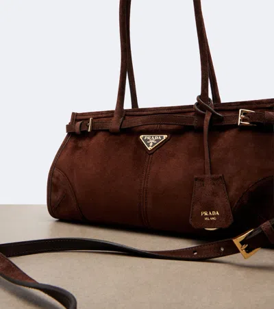 Prada Suede Shoulder Handbag With Adjustable Strap In Brown