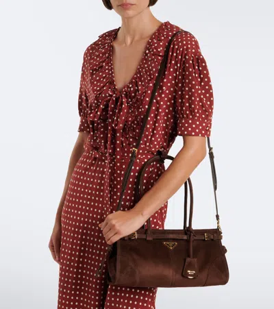 Prada Suede Shoulder Handbag With Adjustable Strap In Brown