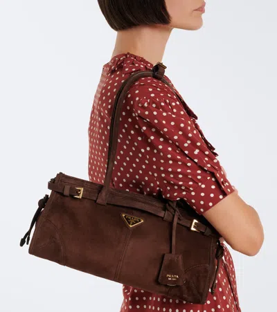 Prada Suede Shoulder Handbag With Adjustable Strap In Brown